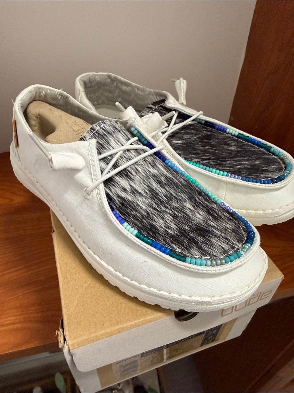 Women's White Casual Moc Toe Shoes with Black Haircalf and Beaded Trim